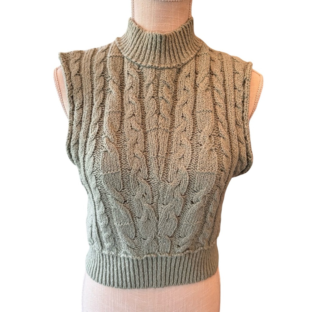 Free People Cropped Cable Knit Sleeveless Turtleneck Sweater in Mountain Mint